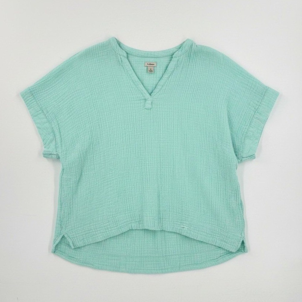 L.L. Bean Double Gauze Cotton Top Seafoam Green V-Neck Blouse Size Large Petite